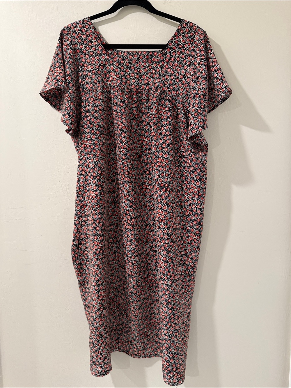 Floral Muumuu House Dress Nightgown Square Neck Flutter Sleeve Coral Black